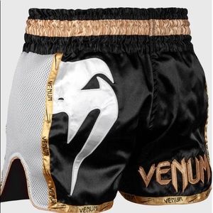 VENUM GIANT MUAY THAI SHORTS - BLACK/WHITE/GOLD size SMALL